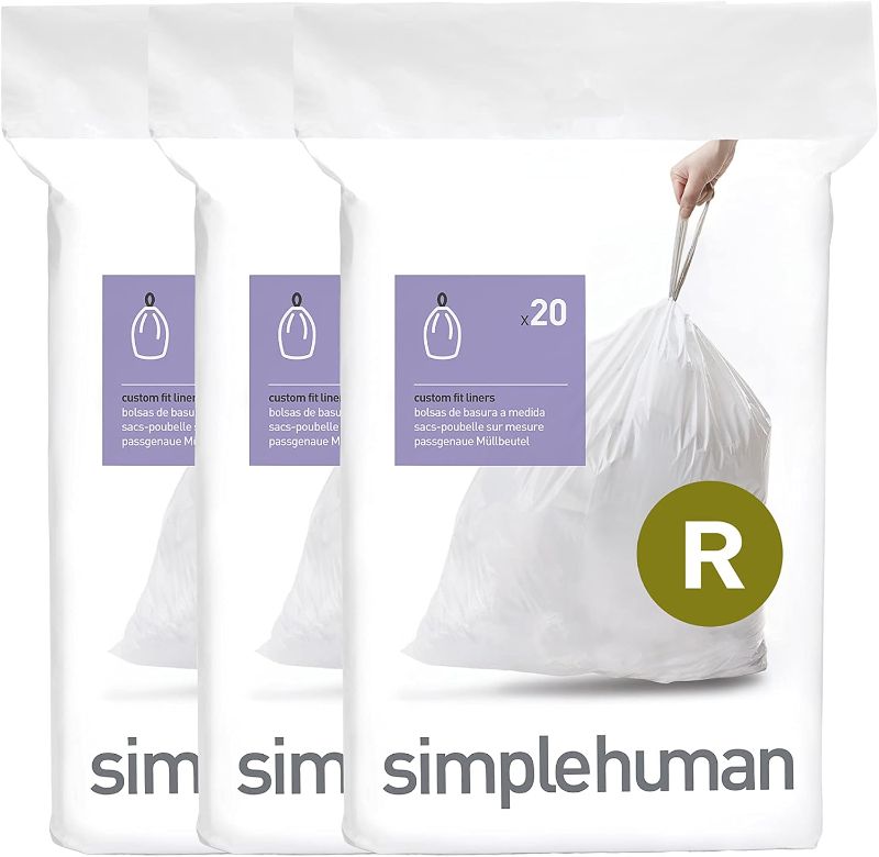 Photo 1 of (2 PACK)  simplehuman Code R 60 Count, Genuine Custom Fit Liners, Drawstring Trash Bags in Dispenser Packs, 10 Liter / 2.6 Gallon, White
