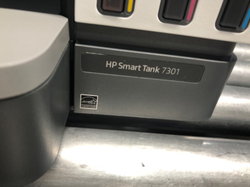 Photo 7 of ***USED - POWERS ON - UNABLE TO TEST FURTHER - POWER CABLE AND PRINTER ONLY - NO OTHER ACCESSORIES - SEE PICTURES***
HP Smart -Tank 7301 Wireless All-in-One Cartridge-free Ink Printer, mobile print, scan, copy, automatic document feeder (28B70A), Gray