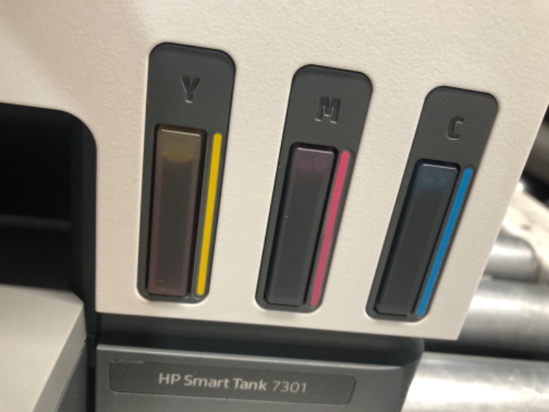 Photo 8 of ***USED - POWERS ON - UNABLE TO TEST FURTHER - POWER CABLE AND PRINTER ONLY - NO OTHER ACCESSORIES - SEE PICTURES***
HP Smart -Tank 7301 Wireless All-in-One Cartridge-free Ink Printer, mobile print, scan, copy, automatic document feeder (28B70A), Gray