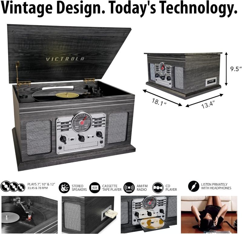 Photo 5 of **NONREFUNDABLE**FOR PARTS OR REPAIR**SEE NOTES**
Victrola Nostalgic 6-in-1 Bluetooth Record Player & Multimedia Center with Built-in Speakers - 3-Speed Turntable, CD & Cassette Player, FM Radio | Wireless Music Streaming | Natural Natural Record Player