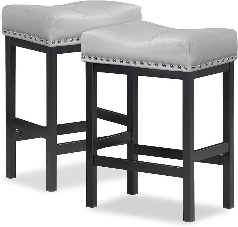 Photo 1 of **NONREFUNDABLE**FOR PARTS OR REPAIR**SEE NOTES**
OUllUO Black Bar Stools Set of 2, 24" Counter Height Bar stools, PU Leather Bar Stools for Kitchen Counter, Modern Metal Base Padded Saddle Barstool with Nailhead Trim Stools for Island,Grey,918GB
