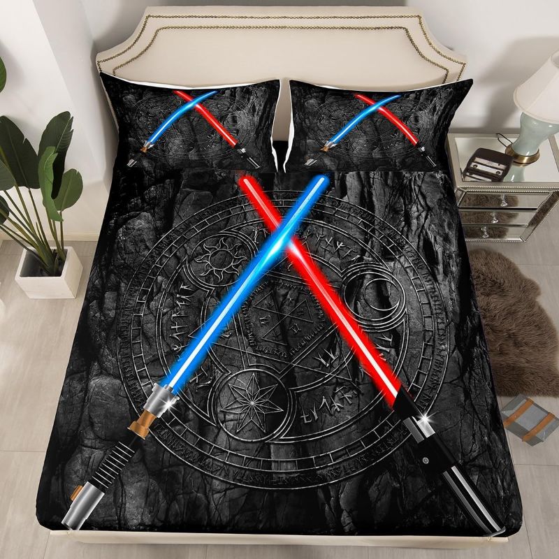 Photo 1 of (READ FULL POST) Lightsaber Fitted Sheet Twin Size 3D Neon Blue Red Bedding Set 2Pcs Geometric Sun Moon Round Bed Sheet for Kids Boys Girls Teens Room Decor Fashion Vintage Stone Wall Deep Pocket Sheet,Black