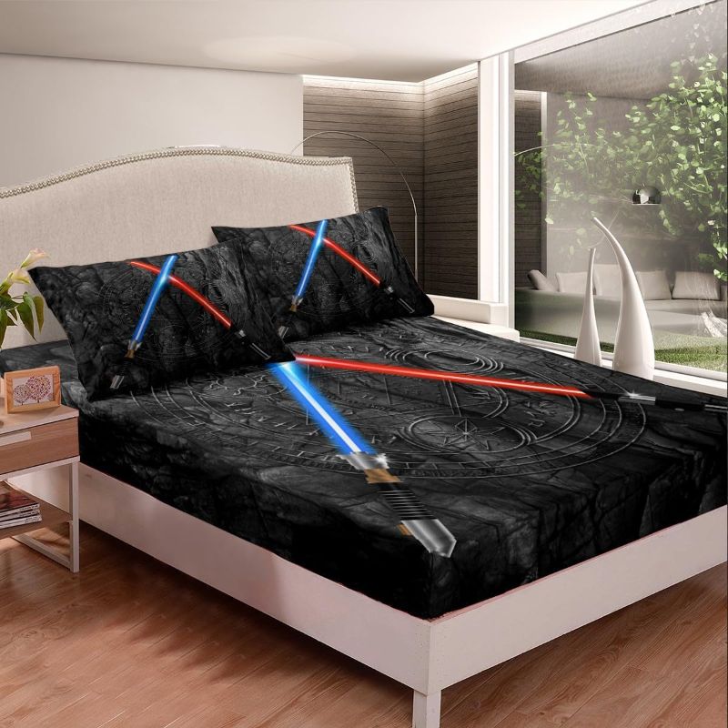 Photo 4 of (READ FULL POST) Lightsaber Fitted Sheet Twin Size 3D Neon Blue Red Bedding Set 2Pcs Geometric Sun Moon Round Bed Sheet for Kids Boys Girls Teens Room Decor Fashion Vintage Stone Wall Deep Pocket Sheet,Black