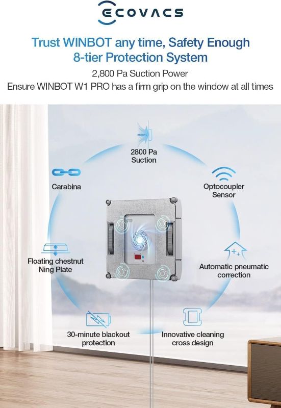 Photo 6 of (NON-REFUNDABLE) ECOVACS Winbot W1 Pro Window Cleaning Robot, Intelligent Cleaning with Dual Cross Water Spray Technology, Win SLAM 3.0 Path Planning, 2800Pa Suction Power, Edge Detection Technology, App Control,Grey W1 Pro Gray