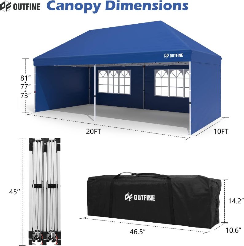 Photo 4 of (NON-REFUNDABLE) OUTFINE Canopy 10'X20' Pop Up Canopy Gazebo Commercial Tent with 4 Removable Sidewalls, Stakes X12, Ropes X6 for Patio Outdoor Party Events Blue 10*20FT Blue