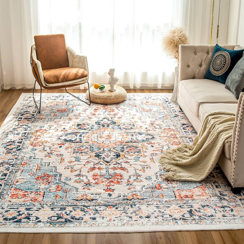 Photo 1 of (READ FULL POST) VK VK·LIVING Machine Washable Rug 9'x12' Vintage Design Washable Area Rugs with Non Slip Rugs for Living Room Bedroom Traditional Woven Rug Carpet Stain Resistant,Rug Decor Office Boho Rug,Blue&Orange