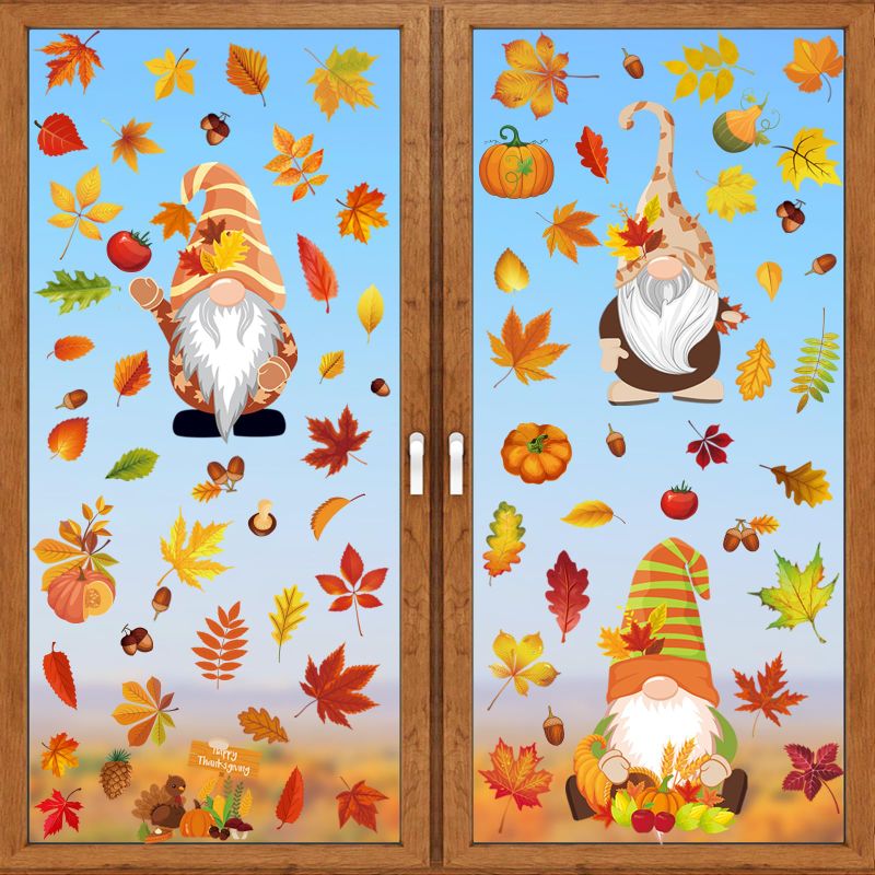 Photo 1 of (2 Pack) Tomario 180+ Large Fall Window Clings Sticker, Fall Decal with Reusable Maple Leaves Pumpkin Stickers for Autumn Thanksgiving Day Decoration