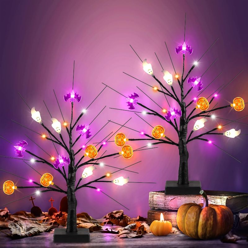 Photo 1 of [Timer] 2 Pack 18" Black Halloween Tree, 48 LED Spooky Lighted Halloween Table Decor with Pumpkin Bat Ghost Lights, USB/Battery Operated Halloween Decorations Indoor Birch Tree for Home Party Mantle