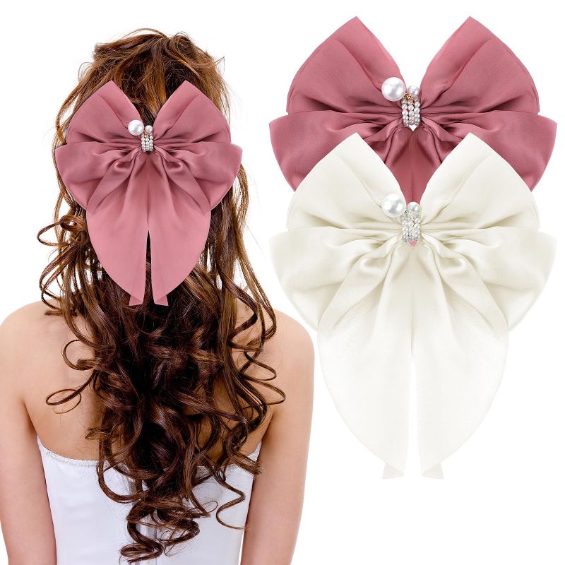 Photo 1 of **3-PACK BUNDLE**
Silky Satin Hair Bows,2PCS Pearl Hair Bow Ribbon For Hair Silk Hair Bows For Women French Hair Clips Bow Hair Clip Hair Barrettes For Women Kawaii Hair Accessories Cute Aesthetic(Pink+Apricot)