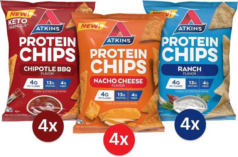 Photo 1 of ***(EXP:05/01/2024 )NONREFUNDABLE***
Atkins Protein Chips Variety Pack, 4g Net Carbs, 13g Protein, Gluten Free, Low Glycem & Endulge Caramel Nut Chew Bar, Dessert Favorite, 1g Sugar, Good Source of Fiber