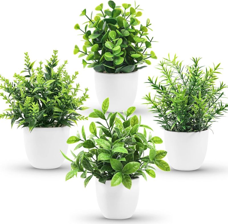 Photo 1 of (READ FULL POST) Der Rose Faux Plants Indoor, 4 Pack Small Fake Plants Mini Artificial Plants in Pots for Home Office Shelf Farmhouse Bathroom Decor
