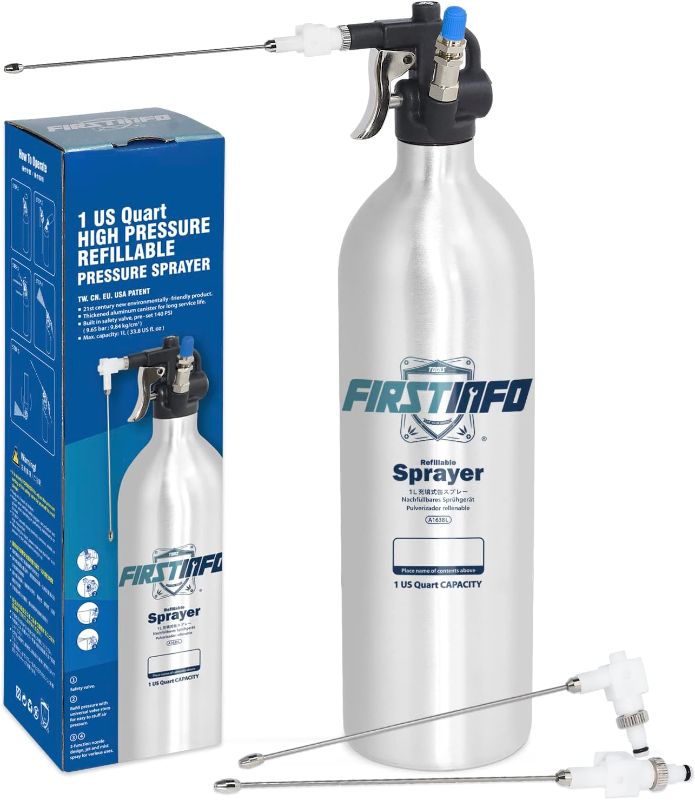 Photo 1 of (READ FULL POST) FIRSTINFO Aerosol Refillable Fluid Oil Pressure Storage Sprayer Can Aluminum Pneumatic Manual Compressed + Jet Dual Purpose Nozzle for Jet Straight Stream and Mist Spraying Kit