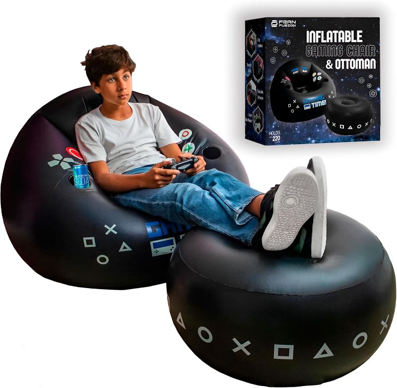 Photo 1 of ****NON-REFUNDABLE*****FranFusion Inflatable Gaming Chair for Kids & Teens with Cup Holders and Side Pocket - This Air Bean Bag Game Chair is The Perfect Furniture for Gamer Room Décor (Gaming Time with Ottoman)