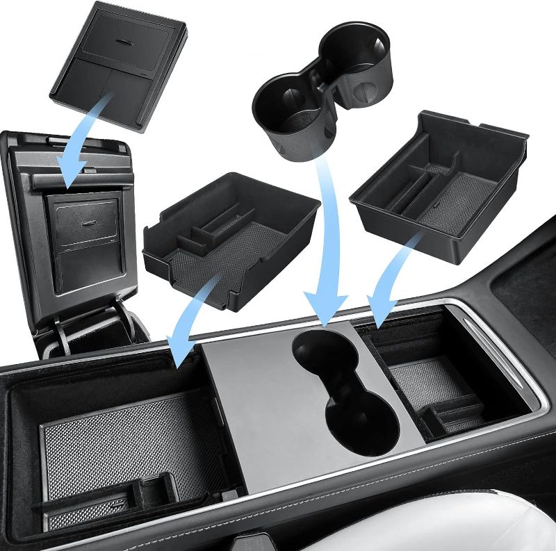 Photo 1 of (4 Pack 3PC Upgraded Center Console Organizer Tray Interior Accessories Compatible for 2023 2022 2021 Tesla Model 3 Model Y Flocked/Silicone Armrest Hidden Drawer Storage Box 1PC Cup Holder