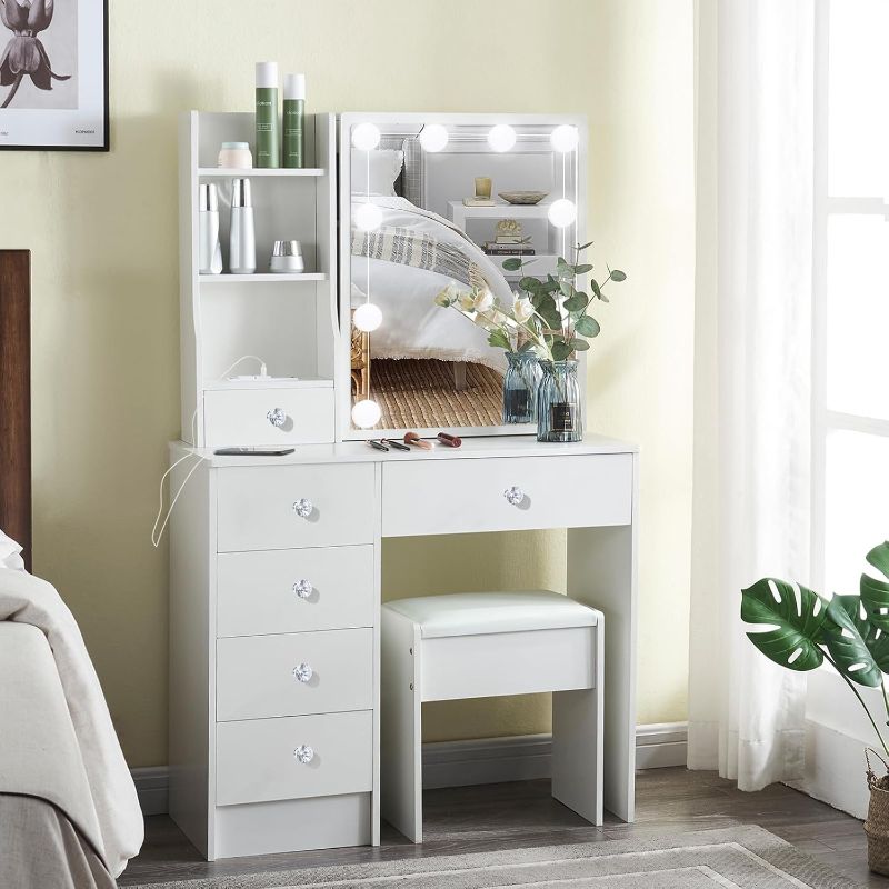 Photo 1 of ***USED - INCOMPLETE/MISSING PARTS - SCRATCHED AND SCRAPED - UNABLE TO VERIFY FUNCTIONALITY - SEE PICTURES***
Dressing Table with Mirror and Stool, Vanity Desk with Drawers and ights Adjustable Brightness, Modern Makeup Vanity Table with Storage Shelves (