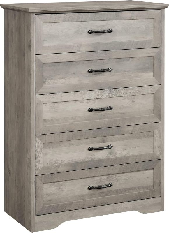 Photo 1 of (READ FULL POST) IDEALHOUSE Dresser for Bedroom with 5 Drawers, Tall Wood Drawer Dresser Chest of Drawers for Closet, Living Room, Hallway, Nursery, Kids Bedroom, Grey
