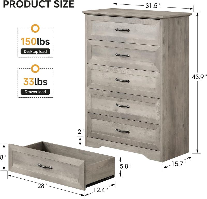 Photo 6 of (READ FULL POST) IDEALHOUSE Dresser for Bedroom with 5 Drawers, Tall Wood Drawer Dresser Chest of Drawers for Closet, Living Room, Hallway, Nursery, Kids Bedroom, Grey
