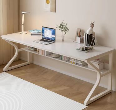 Photo 1 of ***STOCK PHOTO REFERENCE ONLY***Extra Long Desk with Bookshelf - 63" Double Long Writing Table for 2-Person Workstation, Modern Study Work Computer Desk for Home and Office, white