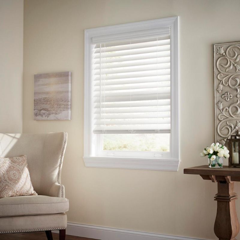 Photo 1 of **missing hardware** White Cordless Premium Faux Wood blinds with 2.5 in. Slats - 59 in. W x 48 in. L (Actual Size 58.5 in. W x 48 in. L)
