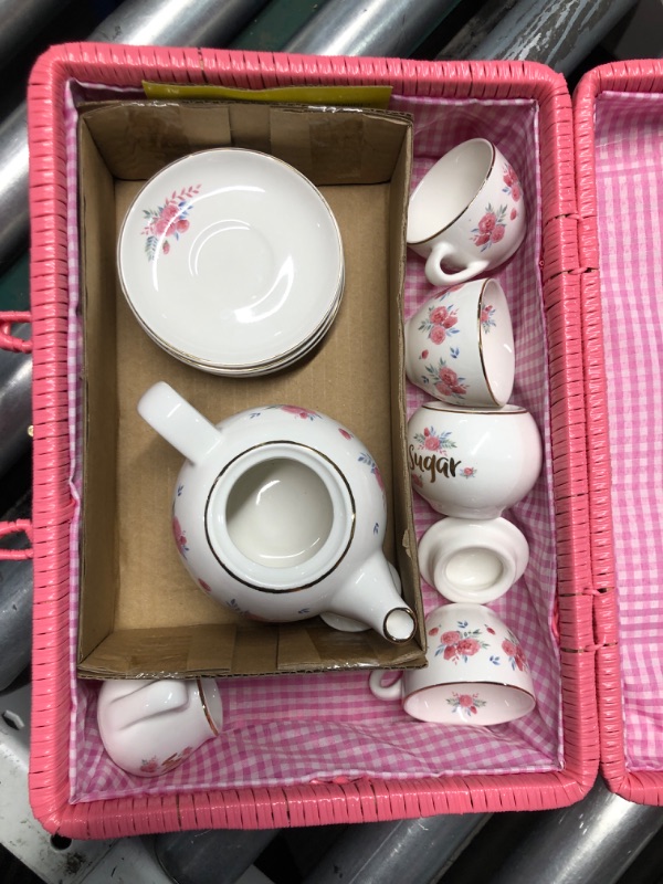 Photo 2 of (READ FULL POST) Jewelkeeper Porcelain Tea Set for Little Girls with Pink Picnic Basket, Floral Design, 13 Pieces