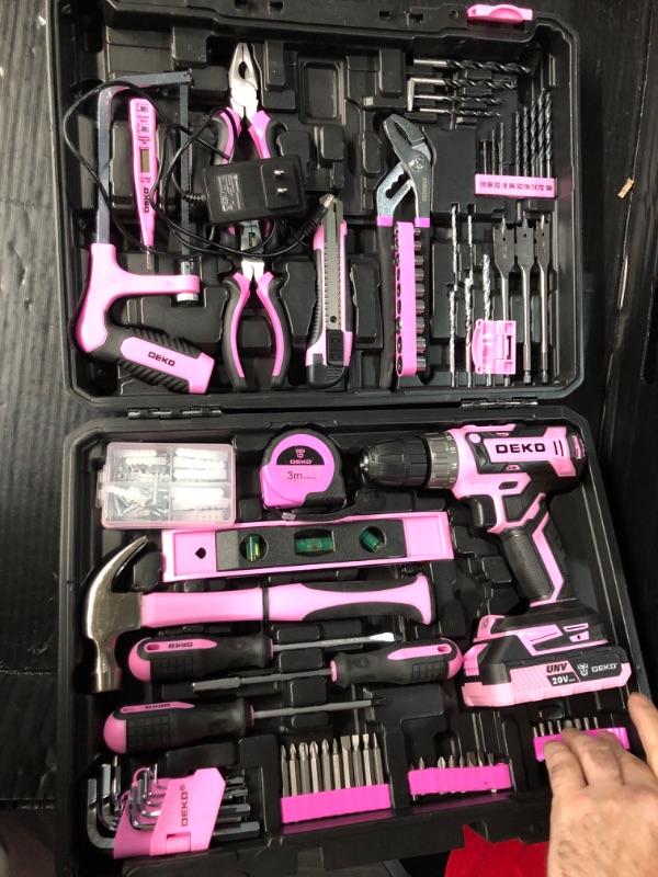 Photo 2 of ** USED AND NOT ORGANIZED, MIGHT BE MISSING PIECES ** Pink Drill Tool Kit Set: 20V Cordless Power Drill Tool Box with Battery Electric Drill Driver for Men Home Hand Repair Basic Toolbox Tools Sets Drills Case