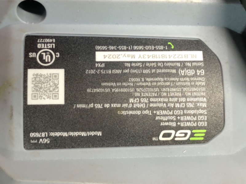 Photo 4 of ***NONREFUNDABLE - THIS SALE FINAL -  PARTS ONLY - SEE COMMENTS***
EGO Power+ LB7650 Variable-Speed Turbo 56-Volt 765 CFM Cordless Leaf Blower Battery and Charger Not Included