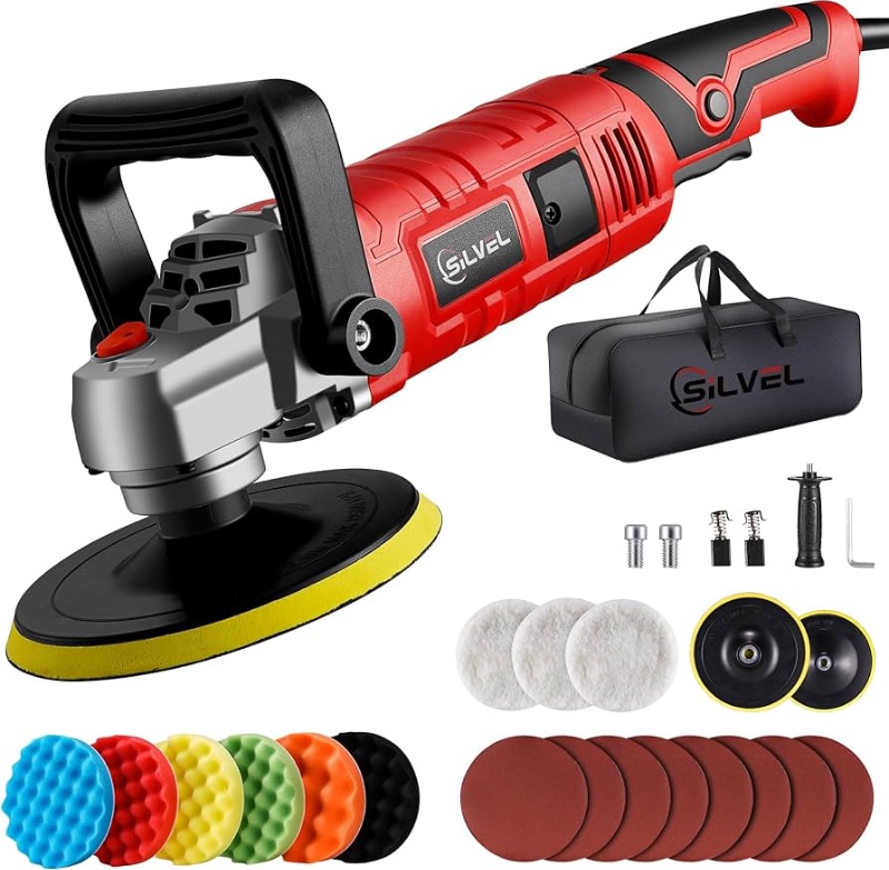 Photo 1 of ** USED DIRTY** SILVEL Buffer Polisher, 1600W 7 Inch/6 Inch Polisher for Car Detailing, Wax Machine, 7 Variable Speed, with 6 Foam Pads, 3 Wool Pads, Packaging Bag, for Boat Polishing and Waxing, Red