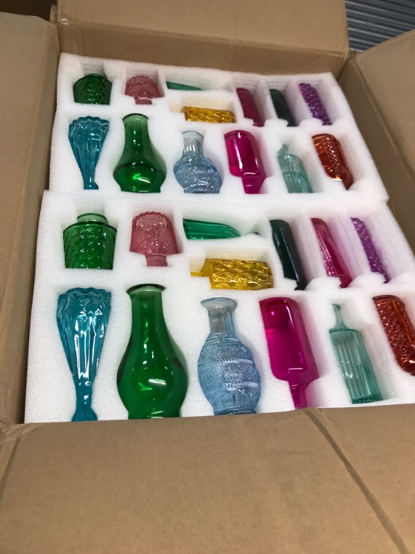 Photo 1 of ** PARTIAL SET** Set of 100 Glass Bud Vases Mini Rustic Vase in Bulk Crystal Vintage Cute Bud Set for Wedding, Floral Arrangement, House Table Decoration, Centerpieces, Party, Office and Gift (Colorful)