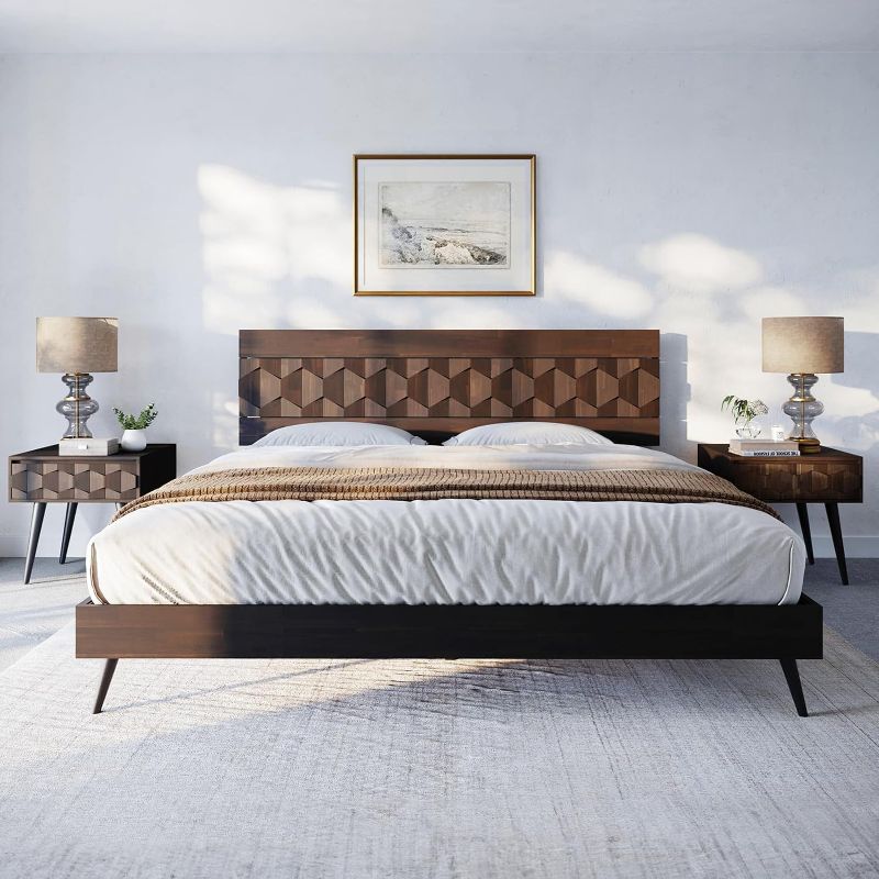 Photo 1 of ** TRUCK OR TRAILER PICKUP ONLY** ***STOCK PHOTO REFERENCE ONLY***Bme Georgina Signature Bed Frame with Handcrafted Geometric Headboard, Mid Century Modern, Solid Acacia Wood, No Box Spring Needed, 12 Strong Wood Slats Support, Easy Assembly, Walnut, King