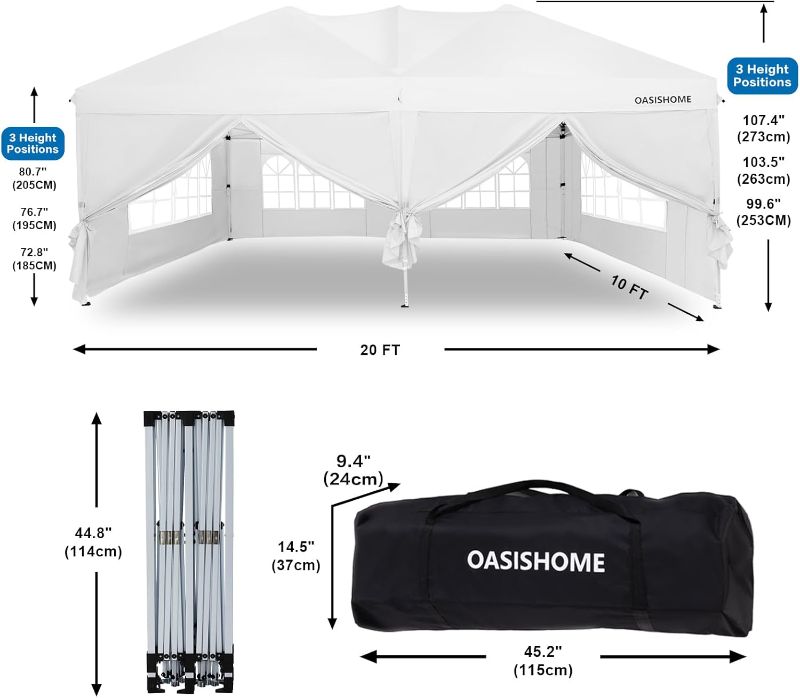 Photo 4 of (READ FULL POST) OASISHOME Pop-up Gazebo Instant Portable Canopy Tent 10'x20', with 6 Removable Sidewalls, Windows, Stakes, Ropes, Carrying Bag, for Patio/Outdoor/Wedding Parties and Commercial Events (10x20, White)