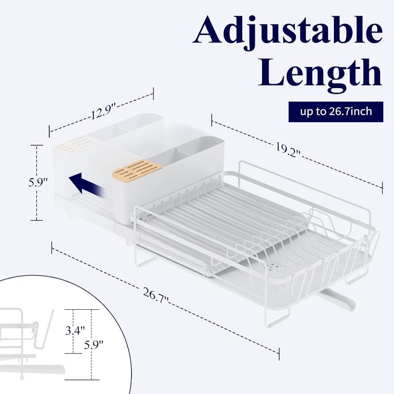 Photo 4 of (READ FULL POST) Kitsure Large Dish Drying Rack - Extendable Dish Rack, Multifunctional Dish Rack for Kitchen Counter, Anti-Rust Drying Dish Rack with Cutlery & Cup Holders 19.2"-26.7" L x 12.9" W,White
