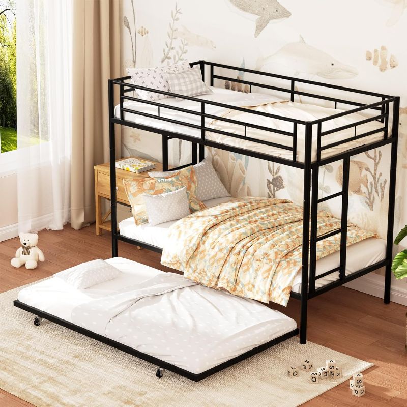 Photo 1 of ***STOCK PHOTO FOR REFERENCE ONLY - ACTUAL ITEM MAY DIFFER - INCOMPLETE - MISSING PARTS***
Shintenchi Bunk Bed Twin Over Twin Size with Trundle, Heavy-Duty Twin Bed Frame with Full-Length Guardrail and Two Ladders, Triple Bunk Bed for Kids, Teens and Adul