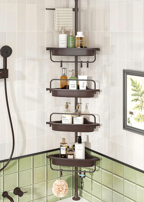 Photo 1 of ***STOCK PHOTO REFERENCE ONLY*** ALLZONE Rustproof Shower Caddy Corner for Bathroom, Tension Corner Shower Caddy Tension Pole, Solid Shower Organizer with 4 Adjustable Shower Shelves, Shower Rack Fit Heights 39.2 to 113 Inches,Brown