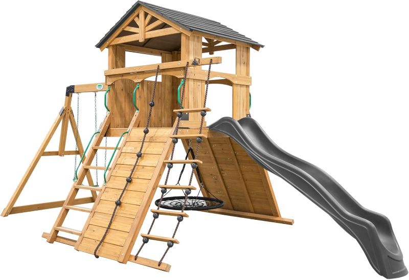 Photo 1 of ***MISSING SLIDE*** ***TRUCK/TRAILER PICKUP ONLY***
Backyard Discovery Endeavor All Cedar Wood Swing Set Playset with Gray Wave Slide for Backyard with Large Clubhouse Rope Ladder Rock Climbing Wall Wave Slide 2 Belt Swings and 1 Web Swing Gift
