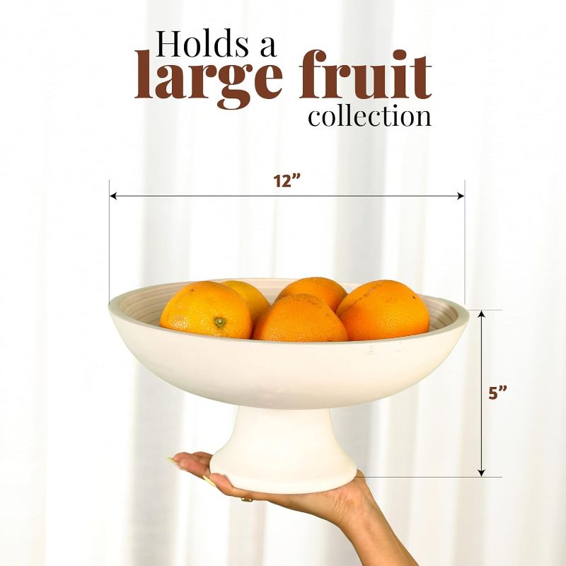 Photo 4 of (READ FULL POST) Folkulture Wood Fruit Bowl or Decorative Pedestal Bowl for Table Décor, Wooden Fruit Bowl for Kitchen Counter or Farmhouse Centerpiece, 12-inch Large Bowls for Breads, Mango Wood (White Ribbed)