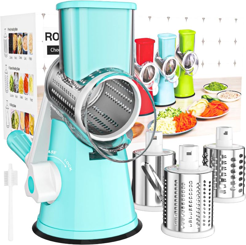 Photo 1 of (READ FULL POST) Cambom Rotary Cheese Grater Hand Crank Cheese Shredder for Fresh Cheese, Vegetable, Nuts,Non-slip Suction Base, Free Cleaning Brush Three Blades, Blue
