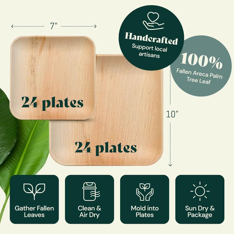 Photo 3 of (READ FULL POST) Chic Leaf Palm Leaf Disposable Plates - Bamboo Plates Disposable 10 Inch and 7 Inch Square (48 Pc) Compostable and Biodegradable