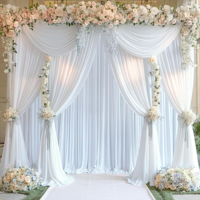 Photo 1 of (READ FULL POST) White Backdrop Curtain for Parties Photo Backdrop Wedding Baby Shower Photography Background with Gold Curtain Tiebacks 5ft x 7ft Pack of Two