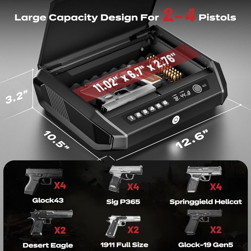 Photo 3 of (READ FULL POST) Safe With LCD Display & USB Port, ?0.1s Quick Access Biometric Handgun Safe for 2-4 Pistols, Hand Gun Lock Box with Fingerprint | Keypad | and Keys for Home Drawer Bedside Nightstand