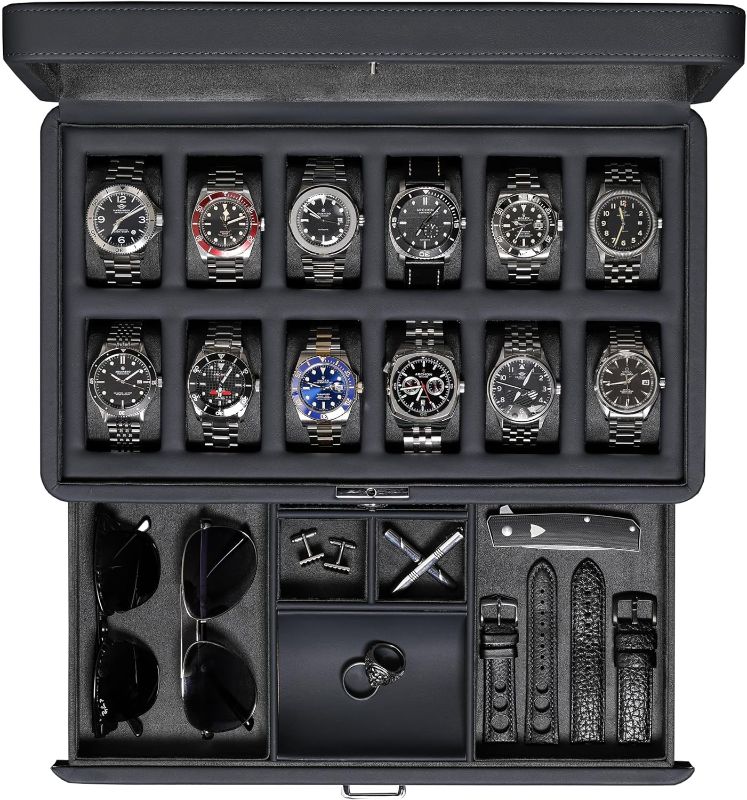 Photo 1 of **NOT EXACT SAME AS STOCK PHOTO // SEE PICTURES** ROTHWELL Luxury Watch Box for 12 Watches – PU Leather Watch Box with Real Glass Lid – Slide out Accessory Drawer with Multiple Compartments (Carbon)
