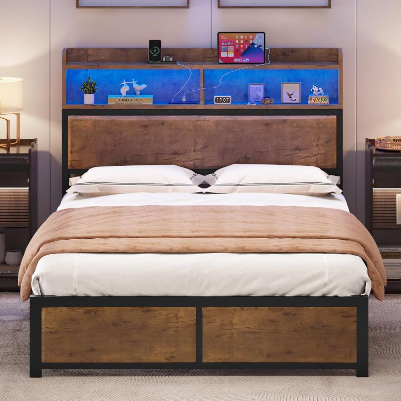 Photo 1 of ***USED - LIKELY MISSING PARTS - UNABLE TO VERIFY FUNCTIONALITY***
YITAHOME Queen Size Bed Frame,LED Bed Frame with Headboard,USB Ports & Charging Outlets,Metal Platform Bed Frame with 2 Tiers Storage Shelves, No Box Spring Needed, Rustic Brown, 85.8"L x 