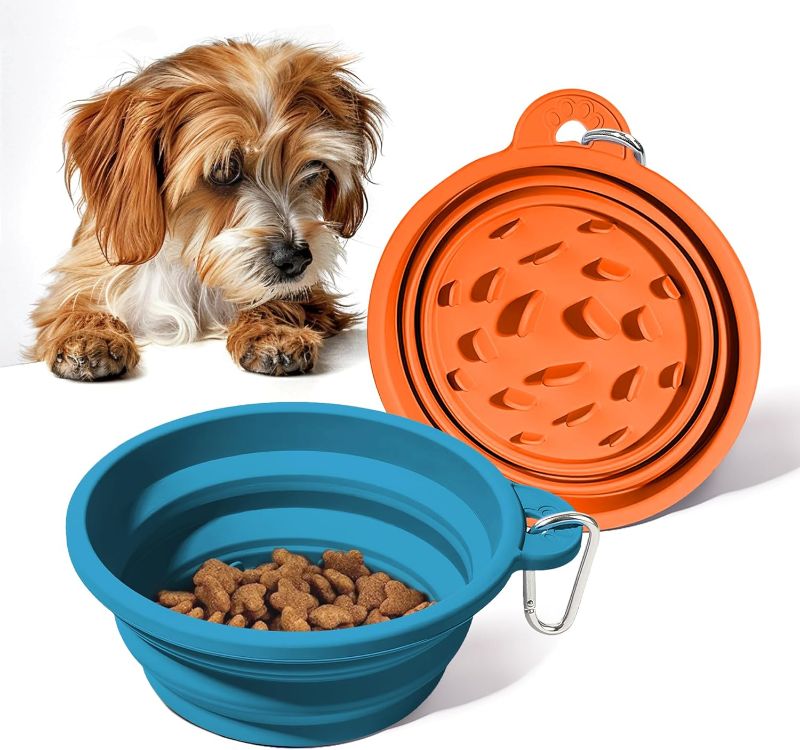 Photo 1 of ***STOCK PHOTO REFERENCE ONLY*** Collapsible Slow Feeder Dog Bowl, 2 Pack Portable Silicone Travel Bowl for Food & Water, Foldable Silicone Bowl for Dogs and Cats, BPA Free, orange and blue 
