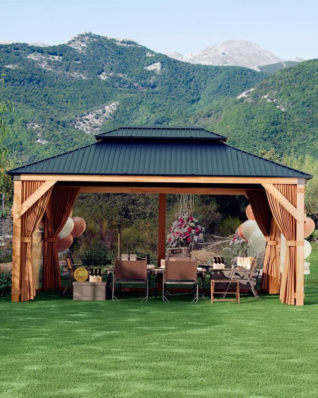 Photo 1 of ***METAL SLANTS ONLY***INCOMPLETE SET 
Hardtop Wood Gazebo 12'x16' for All Weather, with Double Metal Roof, Heavy Duty Wooden Frame, Net, and Curtain, Permanent Building for Patio, Deck, Backyard, Lawn, and Garden