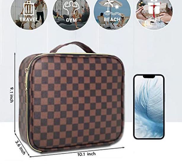 Photo 4 of (READ FULL POST) WIRIBEY Makeup Bag, Checkered Makeup Bag, Portable Makeup Bag with Adjustable Partition, Cosmetic Bags for Women Toiletry Travel Organizer Portable Make Up Bags for Christmas Birthday Gifts