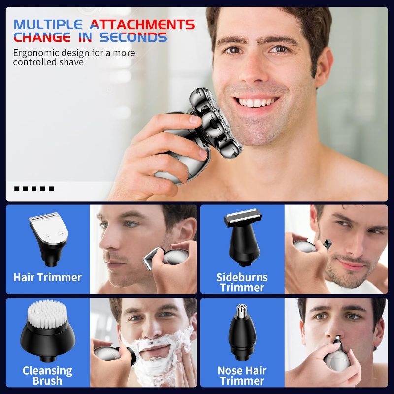 Photo 5 of (READ FULL POST) 5-in-1 Electric Head Shaver for Bald Men - Rotary Design Head Shavers - Electric Men's Grooming Kit - with Rotary Blades, Clippers, Nose Trimmer, Brush, Massager - Cordless, and Rechargeable - Silver