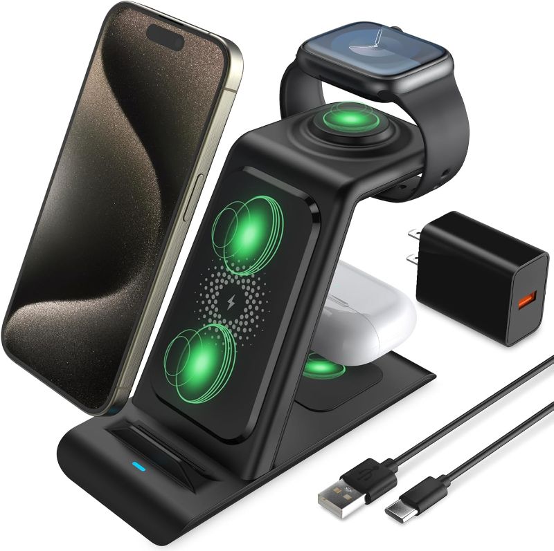 Photo 1 of ***ITEM TESTED FOR POWER, UNABLE TO TEST FURTHER*** HATALKIN 3 in 1 Wireless Charging Station Compatible for Apple Products Multiple Devices Charger for Apple Watch ultra 10 9 8 7 SE 6 5 AirPods Pro iPhone 16 15 14 13 12 Pro Max/X/XS Fast Charger Stand
