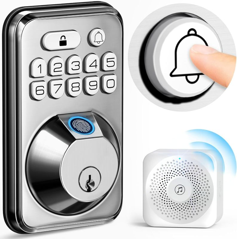 Photo 1 of **MINOR DAMAGE USED**
TEEHO Fingerprint Keypad Deadbolt Lock with Wireless Doorbell - Keyless Entry Door Lock for Front Door - Digital Electronic Deadbolt Lock - Secure Code Access, 38 Chimes