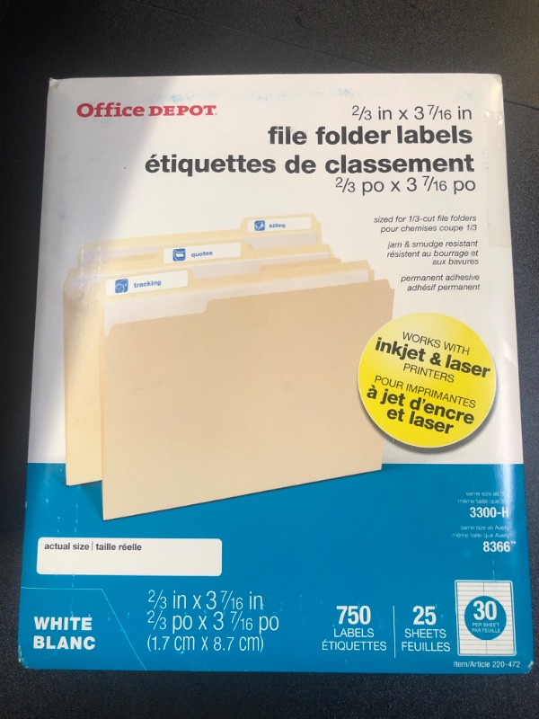 Photo 2 of Office Depot White Permanent Inkjet/Laser File Folder Labels, 2/3in. x 3 7/16in., White, Pack of 750, 505-0004-0011