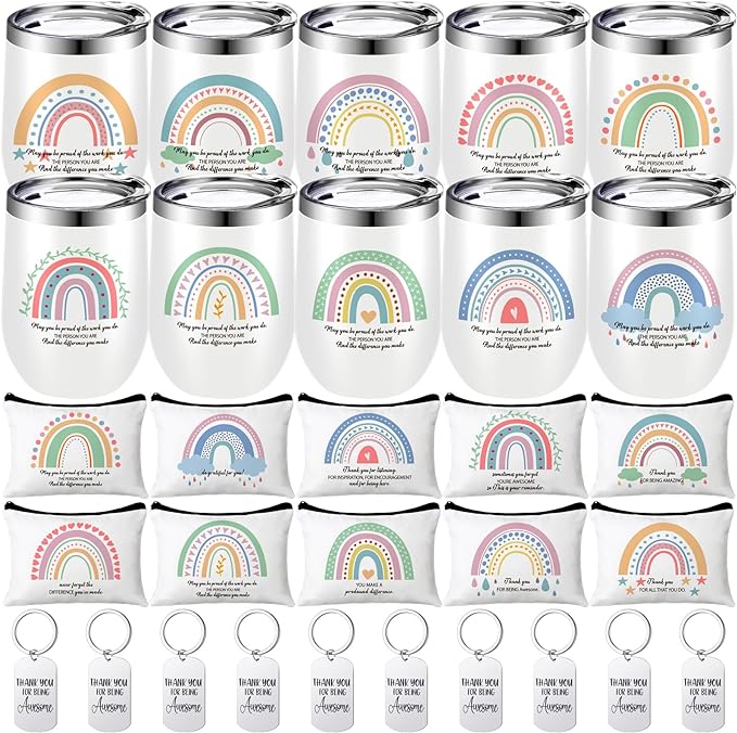 Photo 1 of 30 Pcs Inspirational Gifts Bulk for Women Employee Appreciation Gifts Include 10 Pcs Thank You Keychain 10 Pcs 12 oz Wine Tumbler 10 Pcs Rainbow Canvas Makeup Bags for Coworker Staff Teacher
