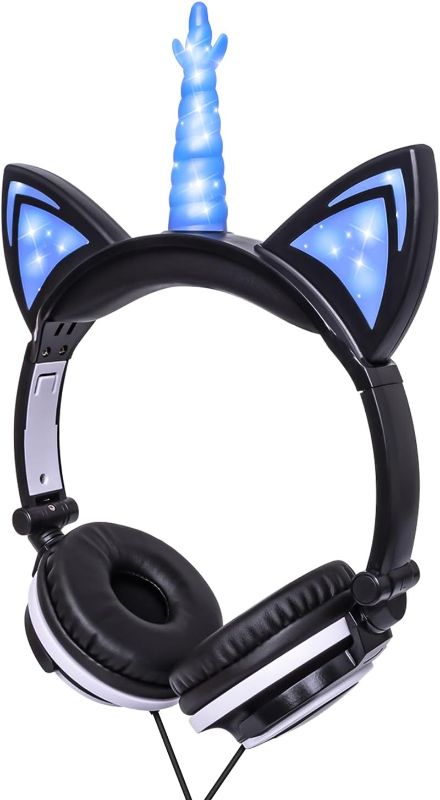 Photo 1 of Unicorn Kids Headphones for Girls Boys with LED Light, Safe Volume Limited Stereo Cat Ear Children Wired Headphones Foldable with Adjustable Headband and 3.5mm Jack for School Travel Blue
